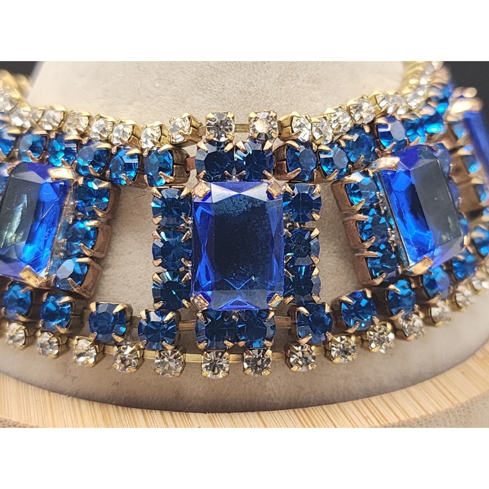 Vintage Bijoux MG Czech Statement Bracelet Blue  Rhinestone Gold Tone 8" READ